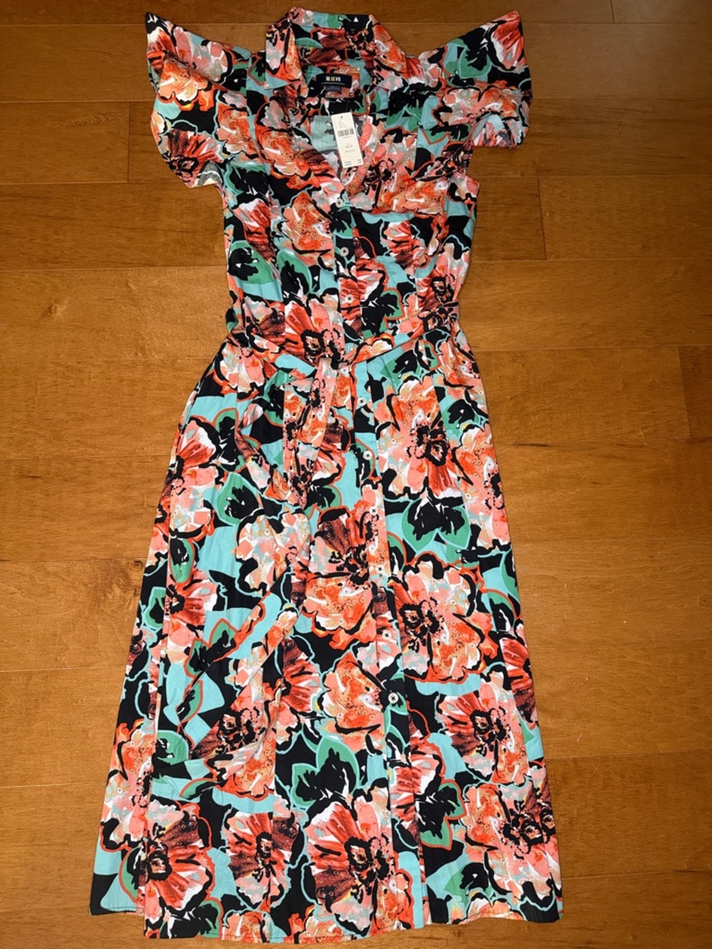 Anthropologie Floral Midi Dress in Coral, Aqua & Black